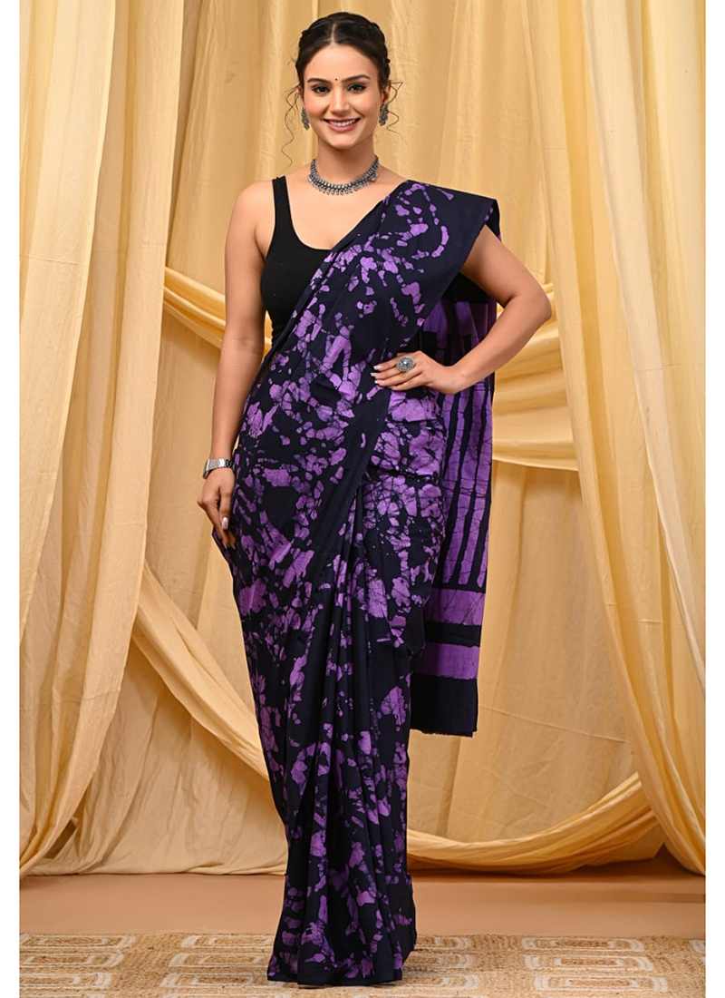 Purple - Hand Block Pure Mul Cotton Sanganeri Floral Print Saree 27